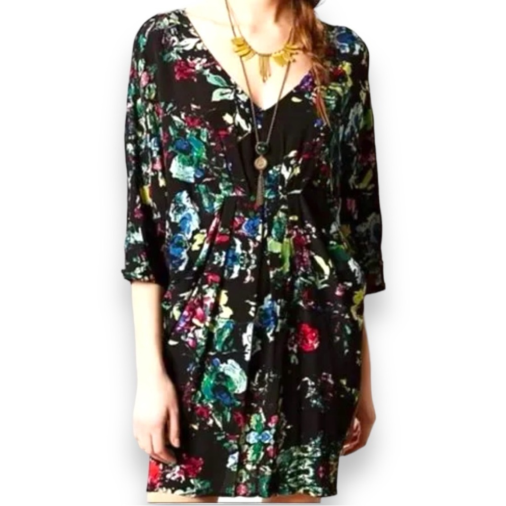 Anthropologie Maeve Petal Palette Black Floral Dress Size Small